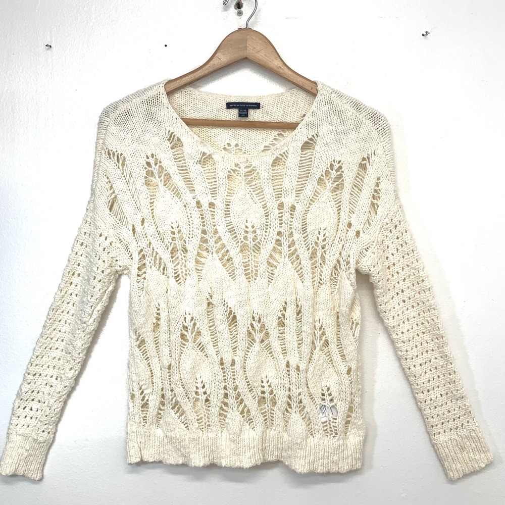 American Eagle‎ Crochet Open Knit  Cream  Sweater Woman XL Pullover Beach Casual